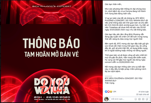 Bích Phương hoãn bán vé concert trước diễn biến nghiêm trọng của virus Corona ảnh 1