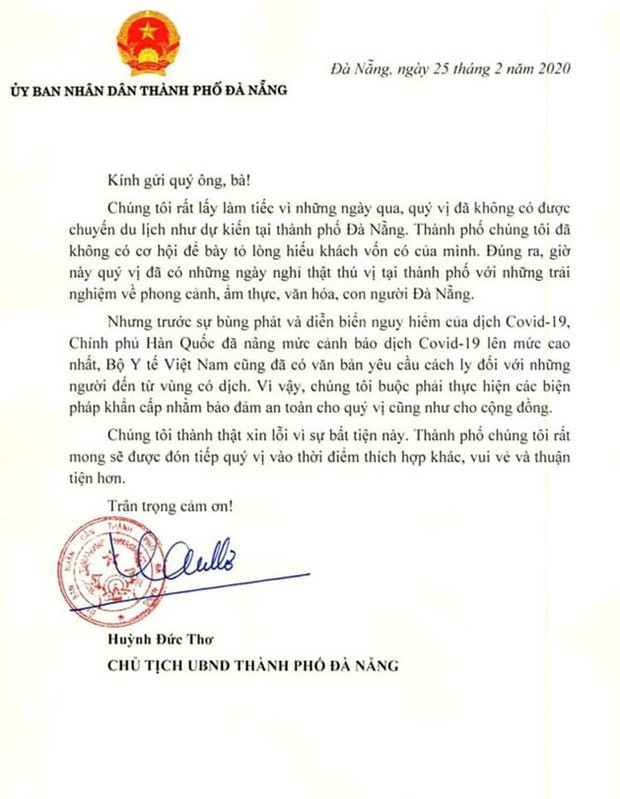 Chủ tịch TP. Đà Nẵng gửi thư tới nhóm du khách Hàn Quốc: "Mong được đón tiếp ở thời điểm khác" ảnh 2
