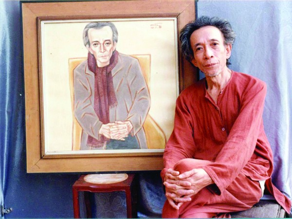 Nhà văn Kim Lân lúc sinh thời và bức chân dung do họa sĩ Nguyễn Thị Hiền thể hiện. Ảnh họa sĩ cung cấp