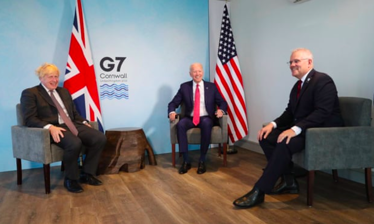 Các lãnh đạo Anh, Mỹ và Úc trong dịp thượng đỉnh G7 tại Anh hồi tháng 6. (Ảnh: Guardian)