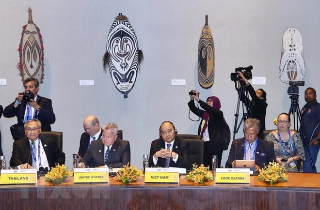 Thủ tướng Nguyễn Xuân Phúc tại cuộc Đối thoại giữa các Nhà lãnh đạo APEC với Lãnh đạo các Quốc đảo Thái Bình Dương. (Ảnh: Thống Nhất/TTXVN)