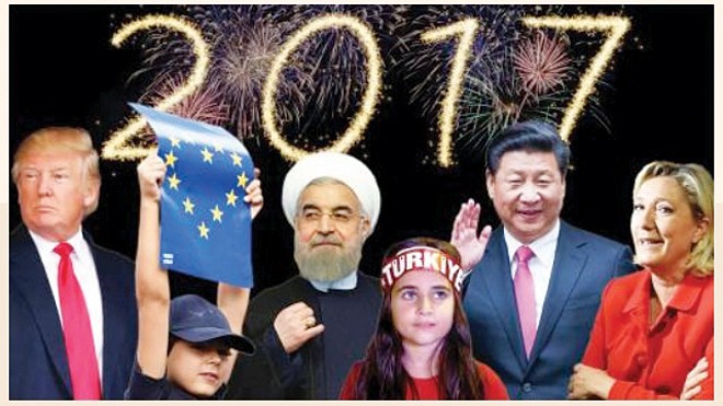 Từ trái sang: Tổng thống đắc cử Mỹ Donald Trump, Brexit, Tổng thống Iran Hassan Rouhani, Thổ Nhĩ Kỳ, Chủ tịch Trung Quốc Tập Cận Bình và bà Marine Le Pen. Nguồn: Financial Times.