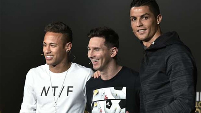 Neymar, Messi và Ronaldo tham dự lễ trao giải Quả bóng vàng hồi đầu năm. Ảnh: Reuters