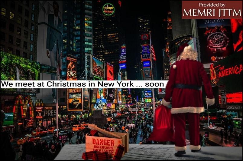 IS đăng ảnh ông già Noel đứng cạnh thùng thuốc nổ tại Quảng trường Thời đại (New York, Mỹ). Ảnh: The Sun