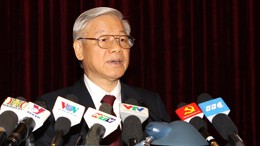 Tổng Bí thư Nguyễn Phú Trọng phát biểu bế mạc hội nghị. ảnh: N.Bắc