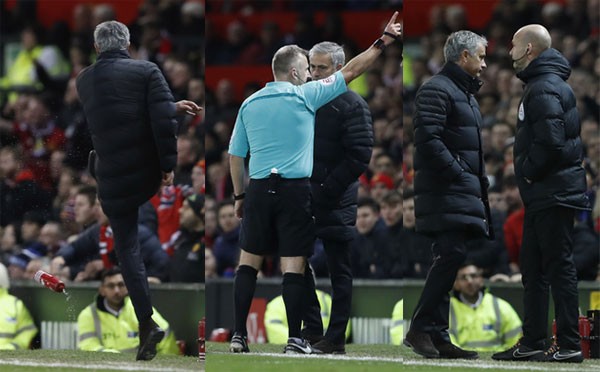 Phản ứng bằng cú đá tung chai nước khiến Mourinho bị trọng tài đuổi khỏi khu vực kỹ thuật. Ảnh: Reuters.