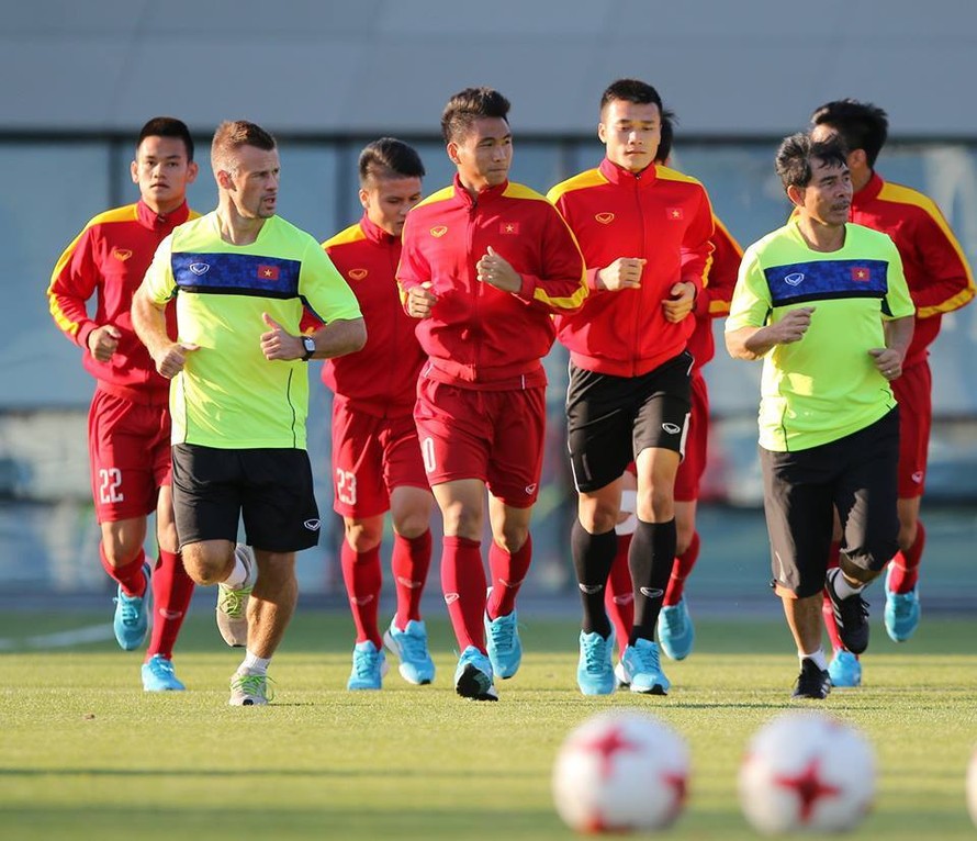Quang Hải và các đồng đội ở đội tuyển U20 Việt Nam trong buổi tập chiều 26/5 tại Jeonju,Hàn Quốc.