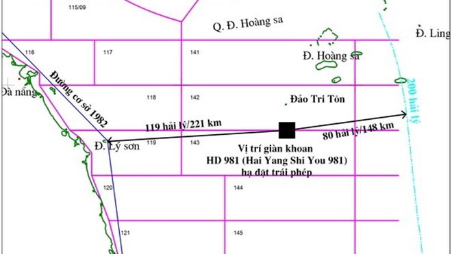 Bản đồ xác định vị trí giàn khoan HD-981của Tổng Công ty dầu khí Hải dương Trung Quốc nằm bất hợp pháp trong vùng đặc quyền kinh tế, thềm lục địa của Việt Nam. Ảnh do Tập đoàn Dầu khí Việt Nam cung cấp