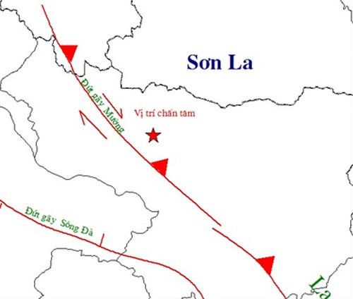 Vị trí tâm chấn động đất huyện Mường La, Sơn La lúc 19 giờ 14. (Nguồn: Viện Vật lý địa cầu)