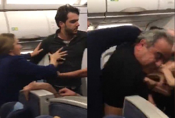 Hai vị khách, một già và một trẻ, đánh nhau trên máy bay. 