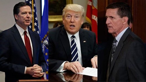Cựu Giám đốc FBI James Comey (trái), Tổng thống Mỹ Donald Trump (giữa) và cựu Cố vấn An ninh Quốc gia Michael Flynn.