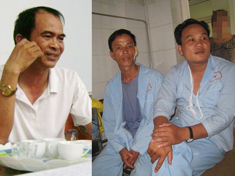 Đại úy Trần Ngọc Hoàng (áo trắng) cùng anh Lê Văn Ngọc (36 tuổi, cán bộ Trung tâm bồi dưỡng chính trị huyện Quảng Xương) và Tô Thế Kỷ (47 tuổi)
