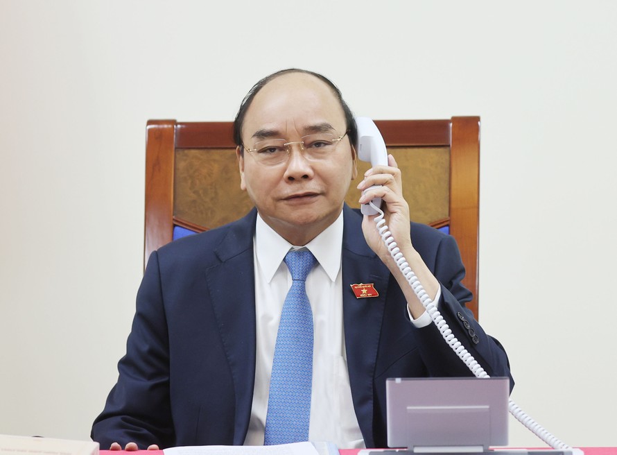 Thủ tướng Nguyễn Xuân Phúc tại cuộc điện đàm. (Ảnh: Mofa)