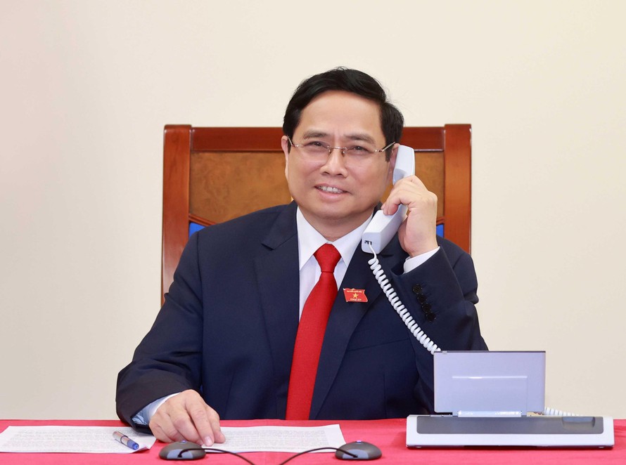 Thủ tướng Phạm Minh Chính tại cuộc điện đàm. Ảnh: Mofa