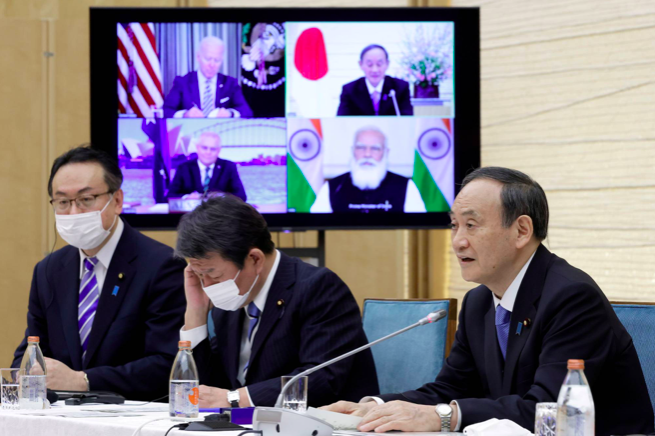 Thủ tướng Nhật Suga Yoshihide phát biểu trong cuộc họp thượng đỉnh trực tuyến của Bộ Tứ vào ngày 12/3. (Ảnh: Reuters)