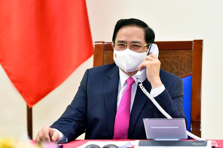 Thủ tướng Phạm Minh Chính tại cuộc điện đàm. (Ảnh: Mofa)
