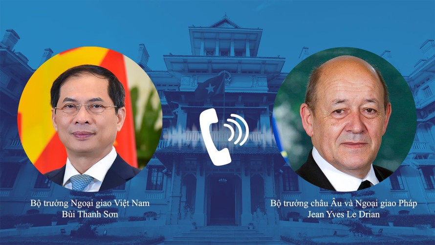 Bộ trưởng Bùi Thanh Sơn và Bộ trưởng châu Âu và Ngoại giao Pháp Jean Yves Le Drian. (Ảnh: Mofa)