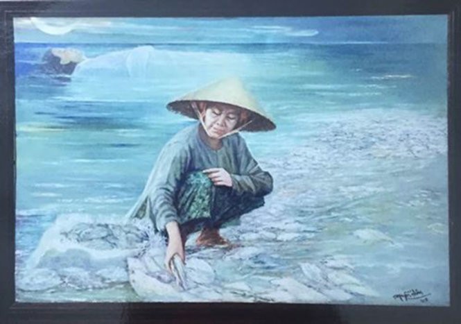 "Biển chết" của hoạ sĩ Nguyễn Nhân đang bị tạm thu treo ở Hội VHNT tỉnh Trà Vinh và được "bêu" vi phạm bản quyền. Ảnh: Facebook nhân vật