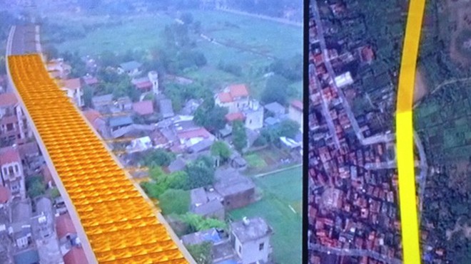 Đồ họa mô phỏng đoạn đường cong đi qua khu dân cư. Ảnh: VTV