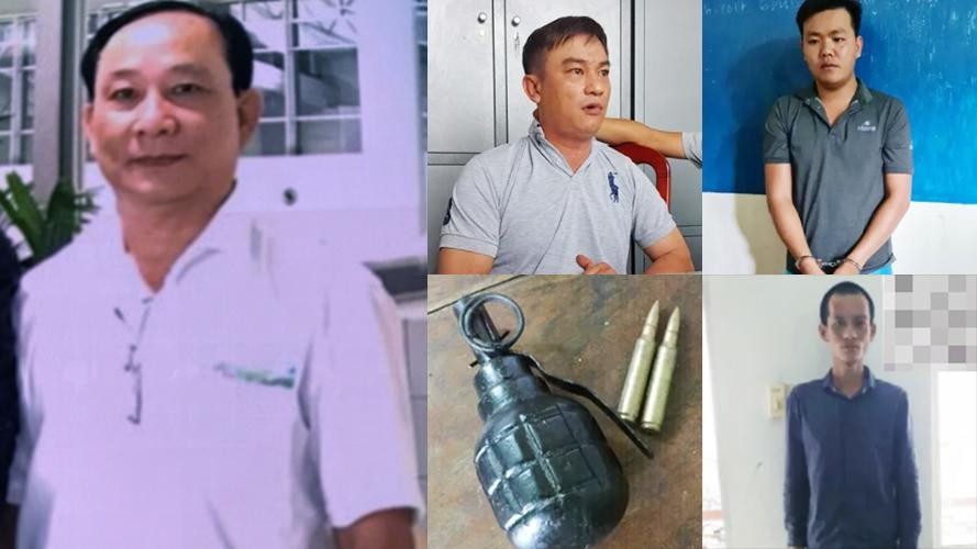 Bác sĩ Nguyễn Văn Ngưu (ngoài cùng bên trái) cùng 3 đối tượng liên quan tới vụ án và quả lựu đạn tang vật