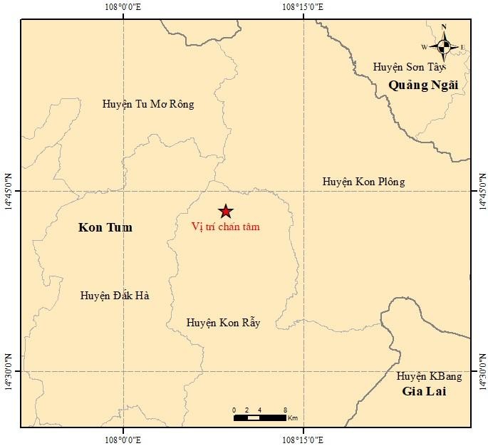 Tâm chấn trận động đất xảy ra tối qua ở Kon Tum. Nguồn: Trung tâm báo tin động đất và cảnh báo sóng thần.