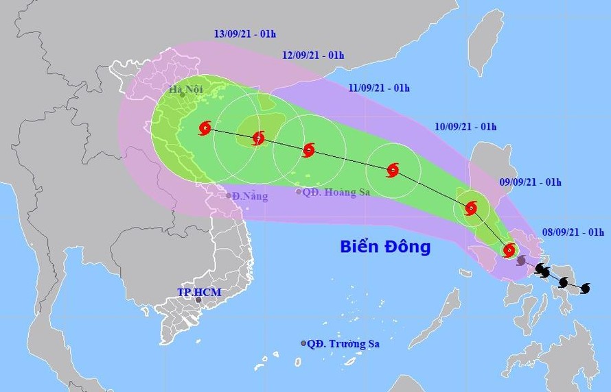 Dự báo đường đi và vùng ảnh hưởng của bão Côn Sơn. Đồ họa: Trung tâm Dự báo Khí tượng Thủy văn Quốc gia.
