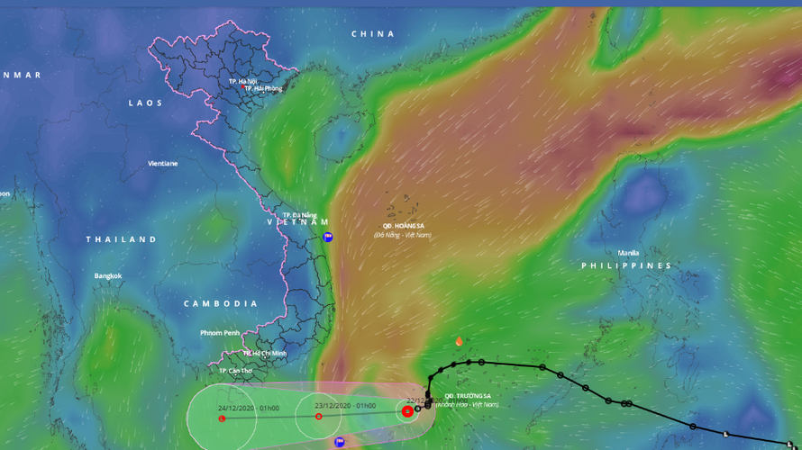 Dự báo đường đi và vùng ảnh hưởng của áp thấp nhiệt đới suy yếu từ bão số 14.