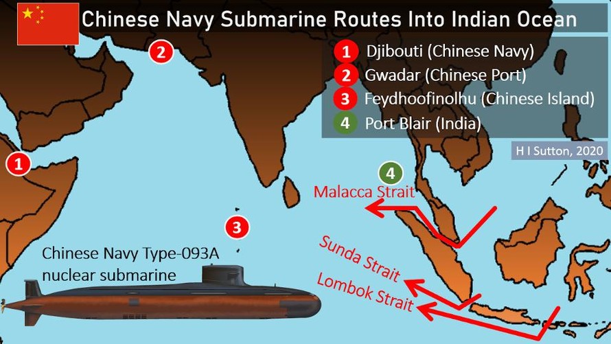 Lối đi của tàu ngầm Trung Quốc từ biển Đông vào Ấn Độ Dương