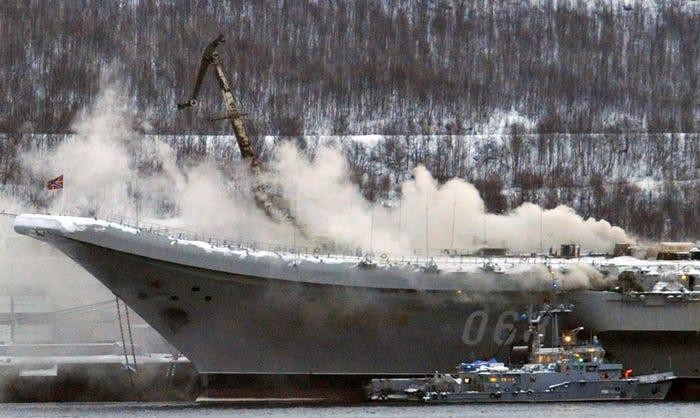 Một đám cháy trên tàu Đô đốc Kuznetsov tại Murmansk vào tháng 12 năm 2019. TASS/Getty Images