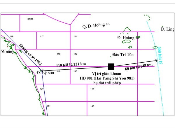  Bản đồ xác định vị trí giàn khoan HD-981của Tổng Công ty dầu khí Hải dương Trung Quốc nằm bất hợp pháp trong vùng đặc quyền kinh tế, thềm lục địa của Việt Nam. Ảnh do Tập đoàn Dầu khí Việt Nam cung cấp