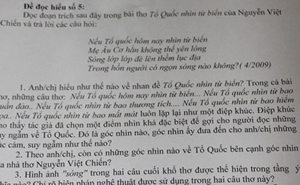 Một phần đề thi Văn của cô giáo Trịnh Thu Tuyết cho học sinh lớp mình ôn luyện. Ảnh: N.Hạnh