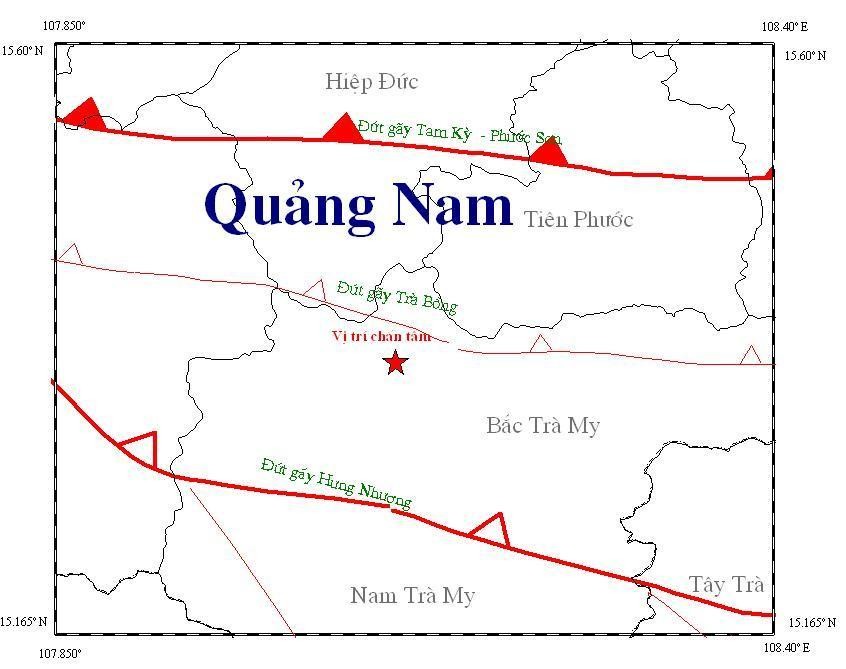 Sơ đồ trận động đất mạnh 2,7 độ Richter xảy ra vào chiều 12-6. Ảnh: Viện Vật lý địa cầu 