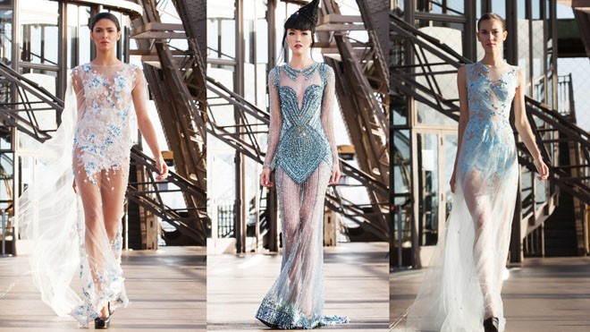 Dàn mẫu Âu-Việt trình diễn váy xuyên thấu của Hoàng Hải trên khung cảnh tráng lệ của tháp Eiffel.
