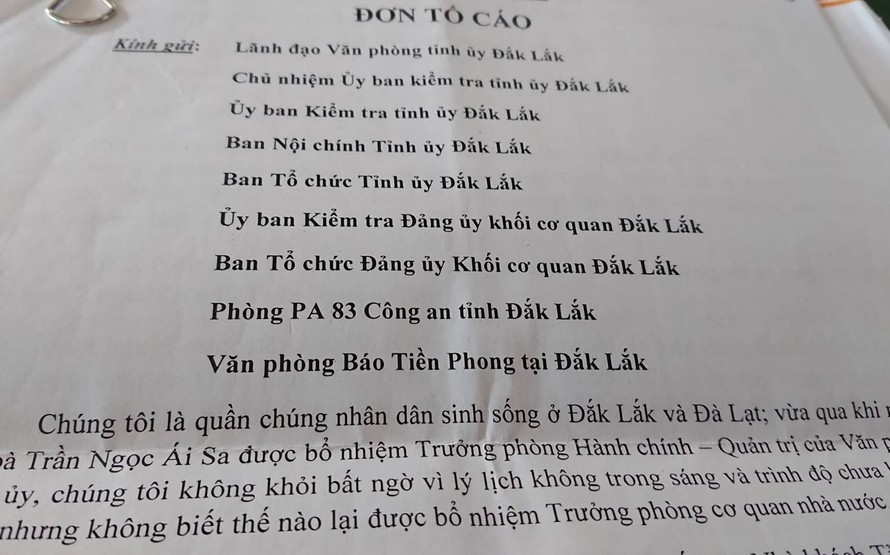 Đơn tố cáo bà Sa gửi đến báo Tiền Phong