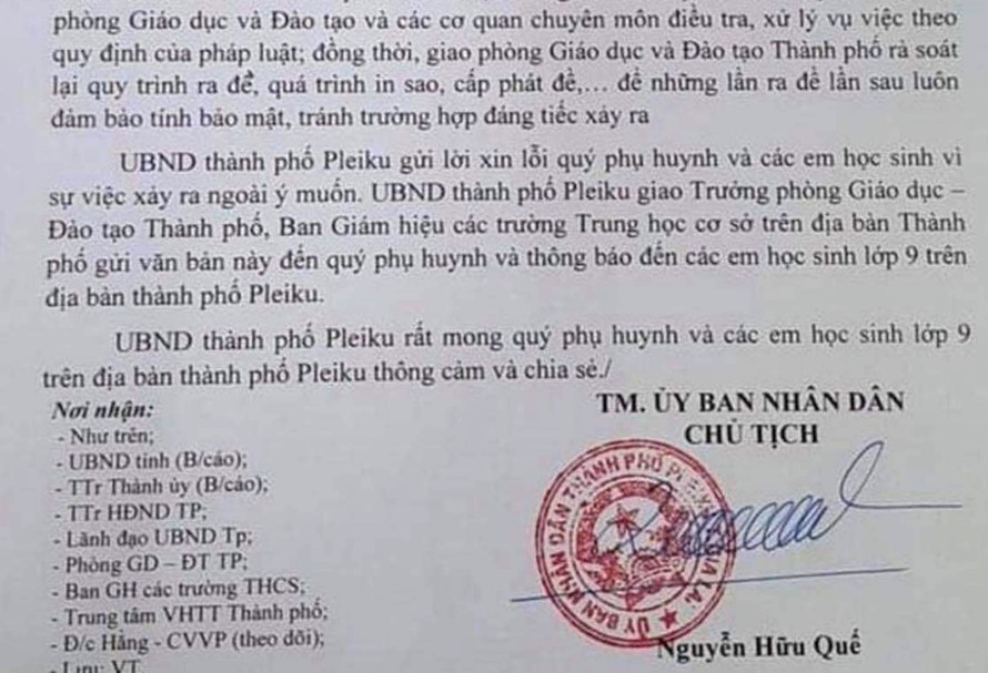 Công văn xin lỗi phụ huynh của UBND thành phố Pleiku