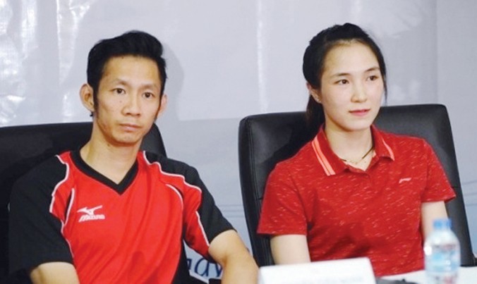 Cặp đôi vàng của cầu lông Việt Nam, Nguyễn Tiến Minh-Vũ Thị Trang tại buổi họp báo giới thiệu giải. Ảnh: H.M.