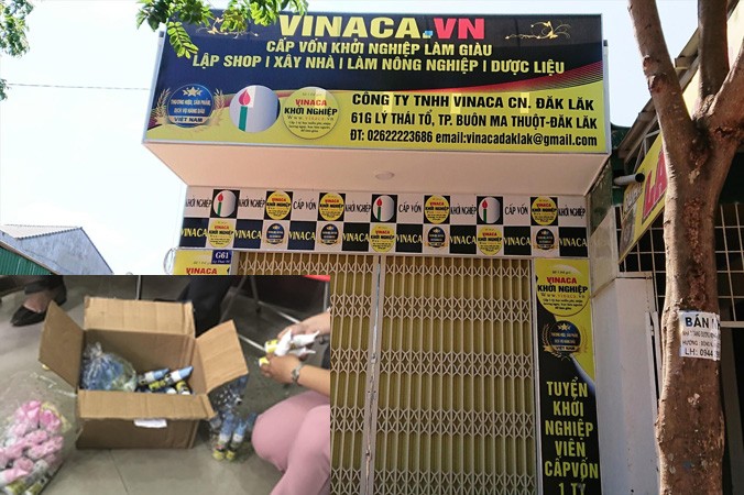 Văn phòng của Vinaca tại Đắk Lắk chưa được cấp phép (ảnh lớn); Nhiều sản phẩm của Vinaca bị đoàn thanh tra niêm phong do không xuất trình được hóa đơn chứng từ (ảnh nhỏ).
