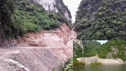 Con đường san gạt, xẻ núi có chỗ khoét sâu hàng chục mét (ảnh lớn) Điểm cuối đường đã thông ra tới bờ biển tại khu vực vụng Vuông, đất đá đổ tràn xuống bờ vịnh Hạ Long (ảnh nhỏ)