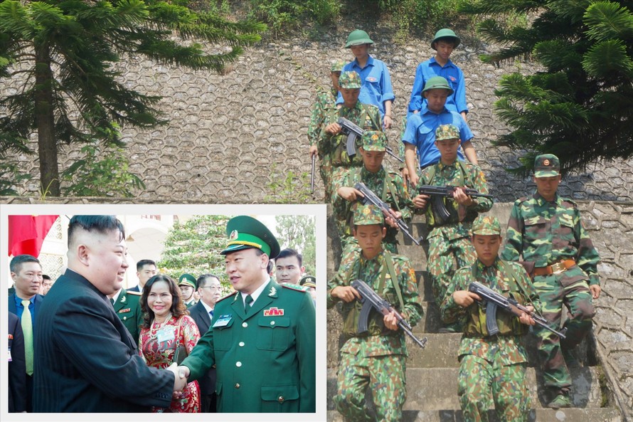 Lãnh đạo BĐBP Lạng Sơn tiễn Chủ tịch Triều Tiên Kim Jong Un về nước tại ga Đồng Đăng, tháng 3/2019 (ảnh nhỏ); Cán bộ, chiến sĩ Đồn Biên phòng CKQT Hữu Nghị và ĐVTN địa phương tuần tra bảo vệ đường biên, mốc giới (ảnh lớn). Ảnh: PV