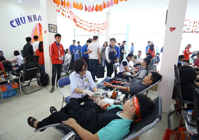 Hàng trăm sinh viên ĐH Bách khoa Hà Nội tham gia hiến máu tình nguyện vào sáng sớm ngày 26/12. ảnh: như ý