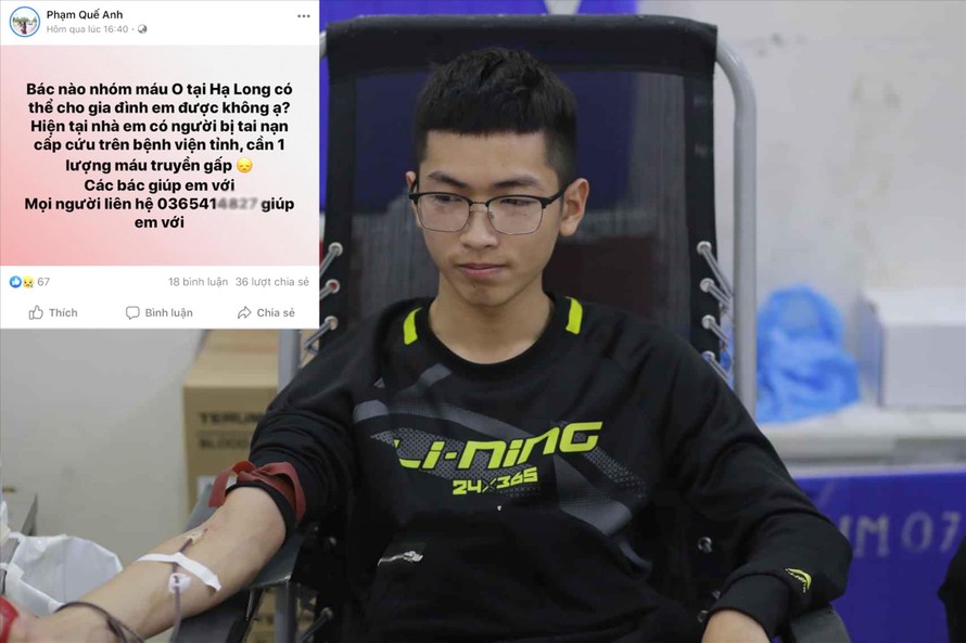 Bùi Quang Hưng đọc được tin trên Facebook đã đến bệnh viện hiến máu giúp người bị nạn qua cơn nguy kịch. Ảnh lớn: Hưng tham gia hiến máu ở trường. Ảnh: NVCC