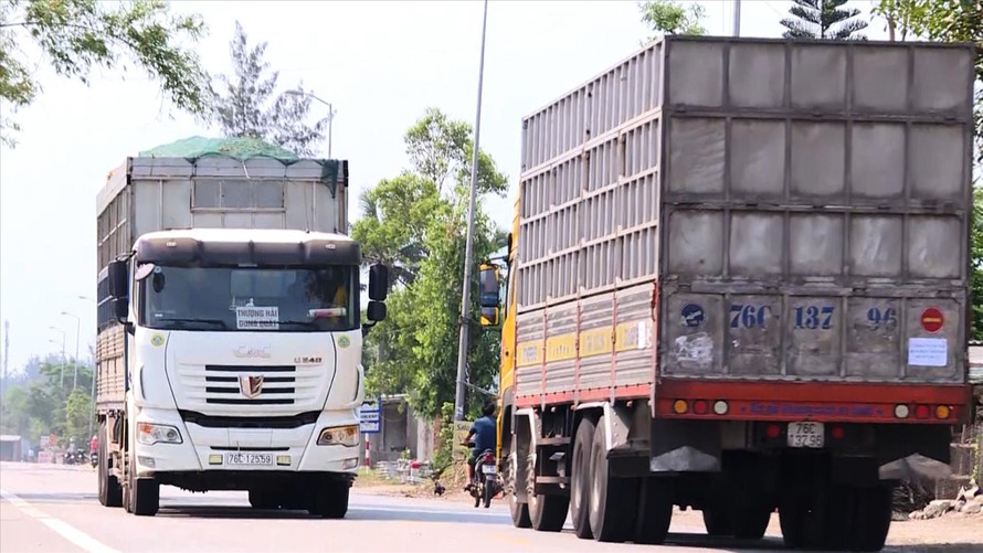  Xe tải chở gỗ dăm cơi thùng cao, chạy liên tục trên các tuyến đường Khu kinh tế Dung QuấtẢnh: Nguyễn Ngọc 