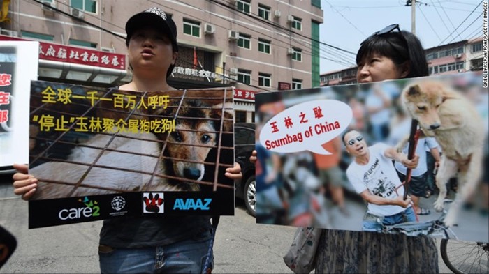 Người biểu tình giăng biểu ngữ phản đối trước văn phòng đại diện thành phố Ngọc Lâm ở Bắc Kinh. Dòng chữ song ngữ Anh-Trung: “Loại người cặn bã ở Trung Quốc”. 