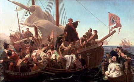 Bức tranh mô tả nhà thám hiểm Christopher Columbus trên tàu đô đốc Santa Maria trong chuyến đi tìm vùng đất mới lần đầu tiên năm 1492. Ảnh: Wikipedia