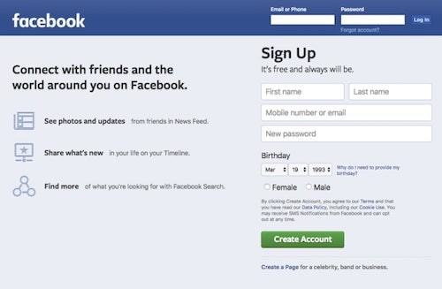 Màn hình đăng ký của Facebook.