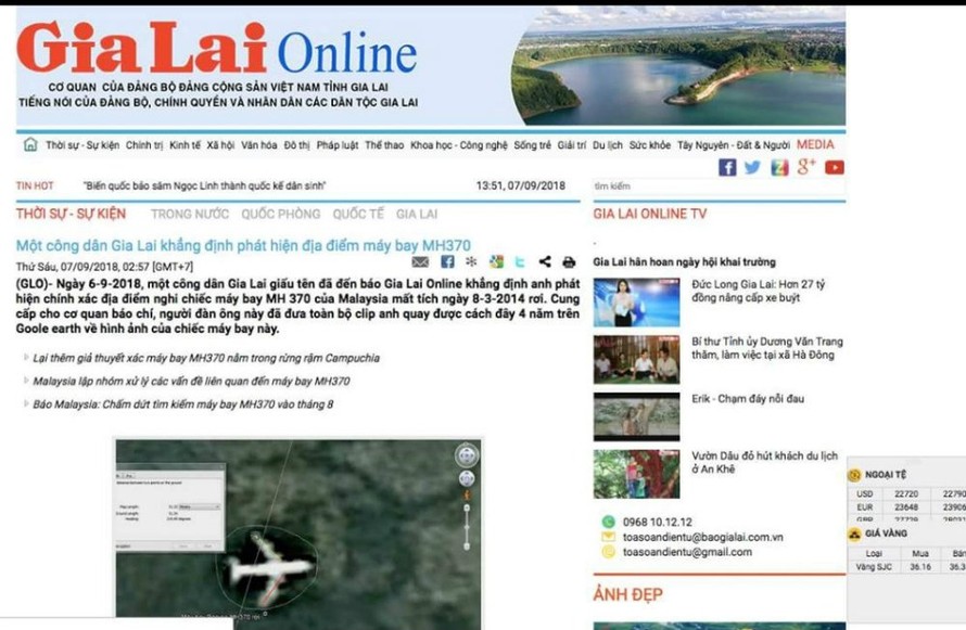 Báo Gia Lai Online đăng tải thông tin một công dân phát hiện vị trí máy bay MH370 rơi