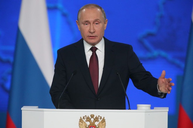 Tổng thống Nga Vladimir Putin phát biểu thường niên trước cả nước ngày 20/2/2019 ở Moscow. Ảnh: Getty Images.