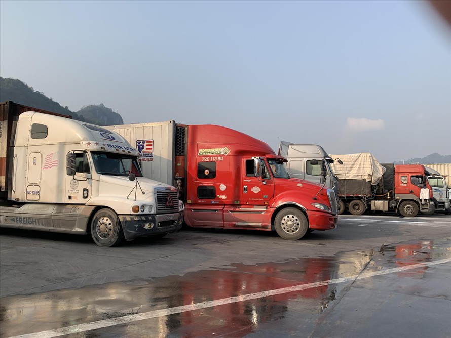 Các xe chở hàng được phép sang Trung Quốc chờ đến lượt thông quan sang bên kia biên giới Ảnh: Duy Chiến