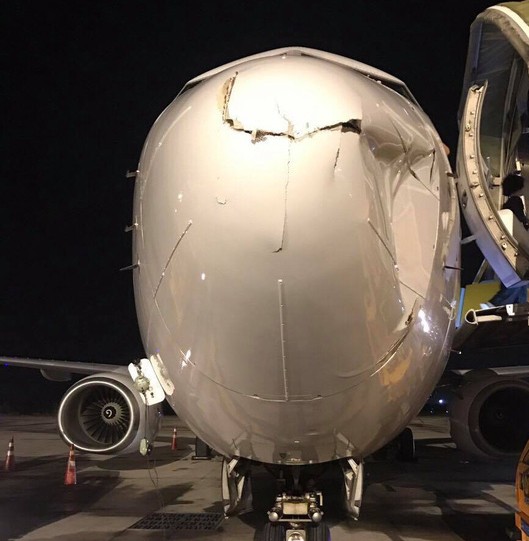 Tàu bay Boeing 737 của hãng hàng không T'way Air (Hàn Quốc) móp đầu khi tiếp cận hạ cánh xuống sân bay Tân Sơn Nhất do va phải vật thể chưa xác định.