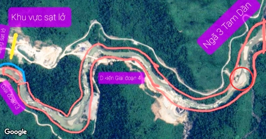 Chủ đầu tư thủy điện Rào Trăng 3 đề xuất khoanh vùng một vị trí ở hạ lưu sông Rào Trăng để tìm kiếm trong thời gian tới (vị trí rong vòng tròn màu đỏ).